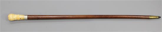 An early 19th century silver piqué and ivory handled malacca cane, 36.5in.